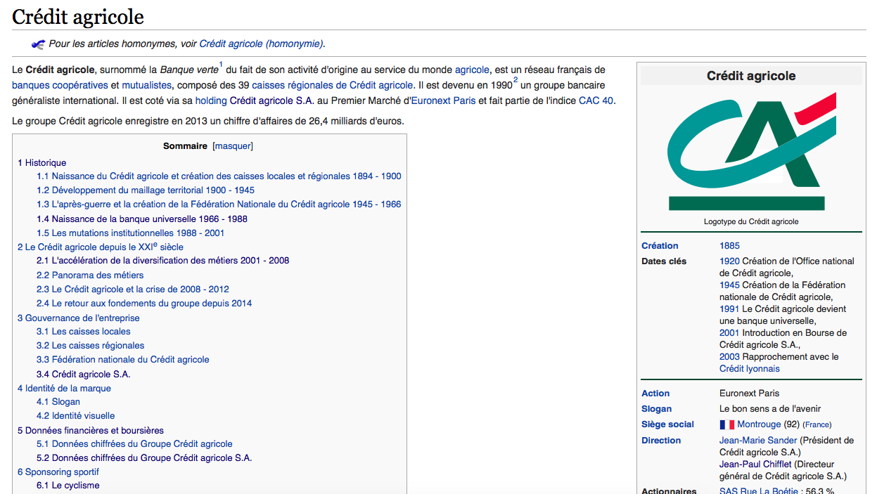 Page Wikipédia du Crédit Agricole